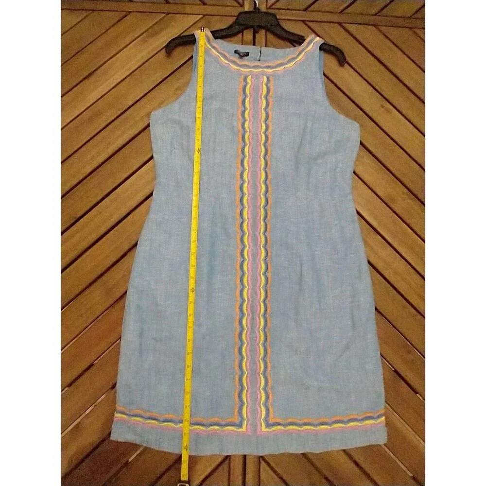 Talbots Linen Embroidered  Knee Length Dress 8p Blue Boho Beachy Cottagecore - Picture 5 of 8
